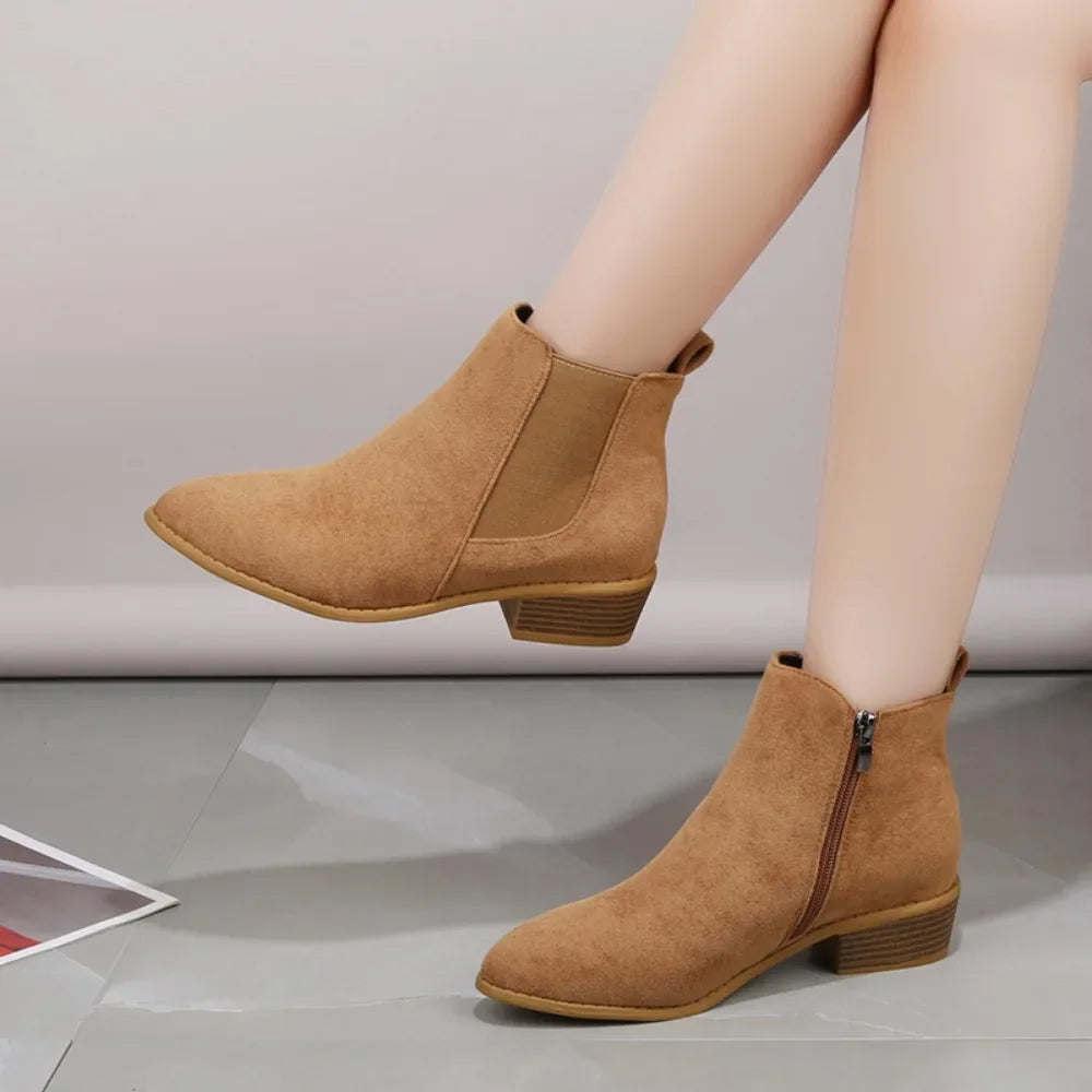 Women's Natural Suede Elastic Patch Low Heel Shoes Autumn and Winter Ankle Boots Square Toe Casual Short Boots Size 36-43
