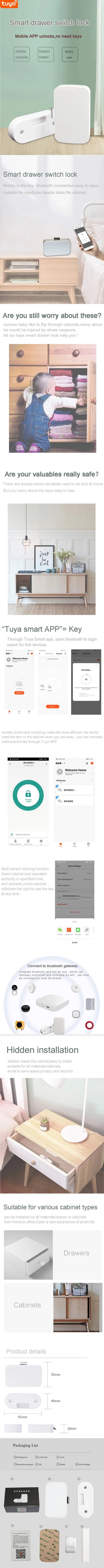 Tuya Smart Lock Home File Cabinet Furniture Drawer Electronic Lock Wireless APP Bluetooth Keyless Invisible Locks with Gateway