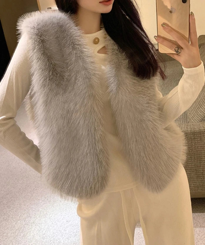 Women Vest Autumn New Solid Color Open Front Sleeveless Faux Fur Vest Coat Soft Winter Warm Casual Jacket Outwear