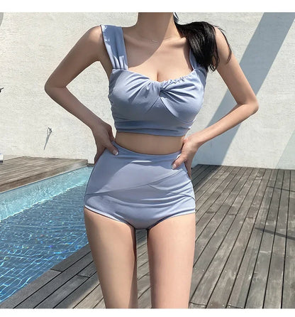 Korean Goddess Bikini Set Women's Two-Piece Triangle High-Waist Thermal Spring Swimsuit Small Chest Ideal for Swimming
