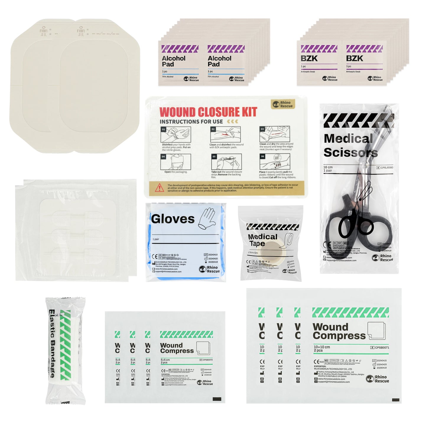 RHINO RECUE Emergency Wound Closure Strip Kit Surgical Quality Laceration Repair Without Stitches Gauze, Bandage Antiseptic Wipe