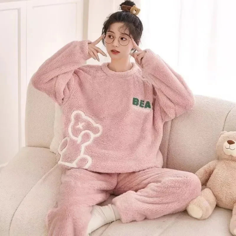 Warm Sleepwear for Winterthickened Warm Flannel Pajamas Student Long Sleeve Cartoon Ladies Loungewear Setpajamas Woman Offer