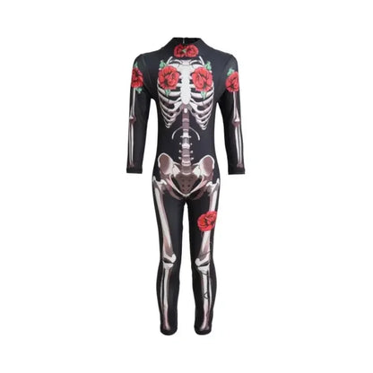 Girls Rose Skeleton Costume Ghost Bride Jumpsuit Halloween Printed Skeleton Dress Up Costume Ladies Scary Cosplay Costume