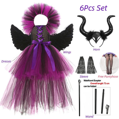 Maleficent Costume Deluxe Girls Halloween Carnival Party Black Trailing Mesh Dress Kids Cosplay Demon Queen Witch Clothes