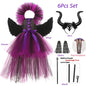 Maleficent Costume Deluxe Girls Halloween Carnival Party Black Trailing Mesh Dress Kids Cosplay Demon Queen Witch Clothes