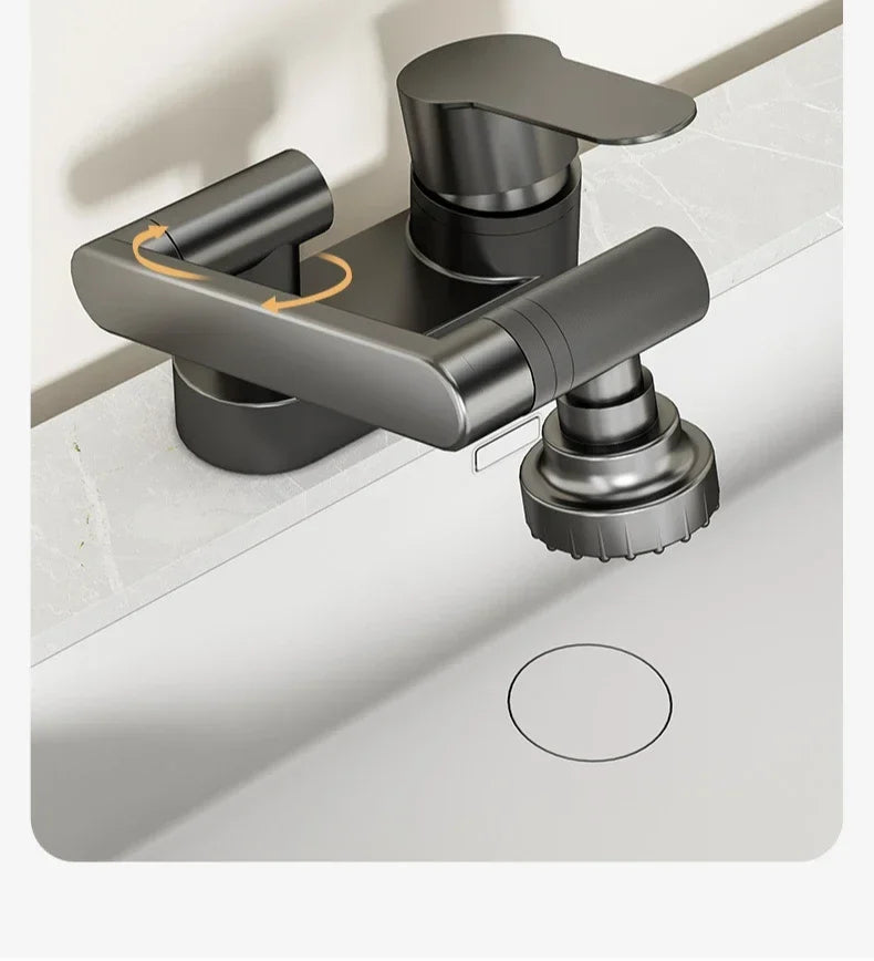 Double Hole Basin Faucets Bathroom Cold and Hot Mixing Tap 2 Modes Nozzle Faucet Sink Basin 360° Rotation Mixing Valve