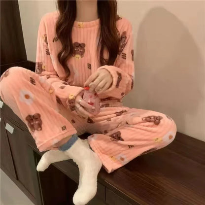 Adorable Sweet Coral Fce Thiened Autumn Winter Spwear Women's Casual Home Clothes Set Long Pants Comfortable Leisure ...