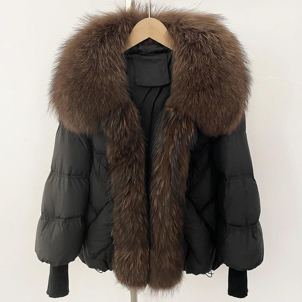 OFTBUY 2025 New Winter Large Real Raccoon Fur Puffer Coat Women Oversized Feather Down Parka Knit Sleeve White Duck Down Jacket