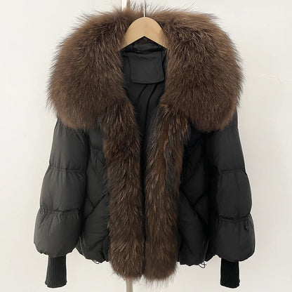 OFTBUY 2025 New Winter Large Real Raccoon Fur Puffer Coat Women Oversized Feather Down Parka Knit Sleeve White Duck Down Jacket