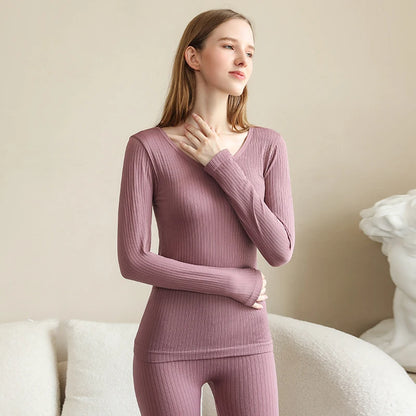 FINETOO 2 Pieces Women Thermal Underwear Sexy Long Sleeve Winter Clothes Seamless Thermal Intimate Set Ladies Thick Sleepwear