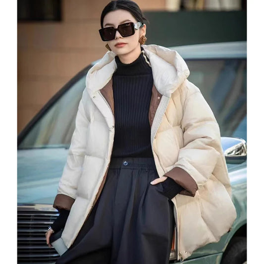 Schinteon Women Down Jacket Casual Loose Over Size Warm Autumn Winter Outwear White Duck Down with Hood Fashion Coat 2024 New