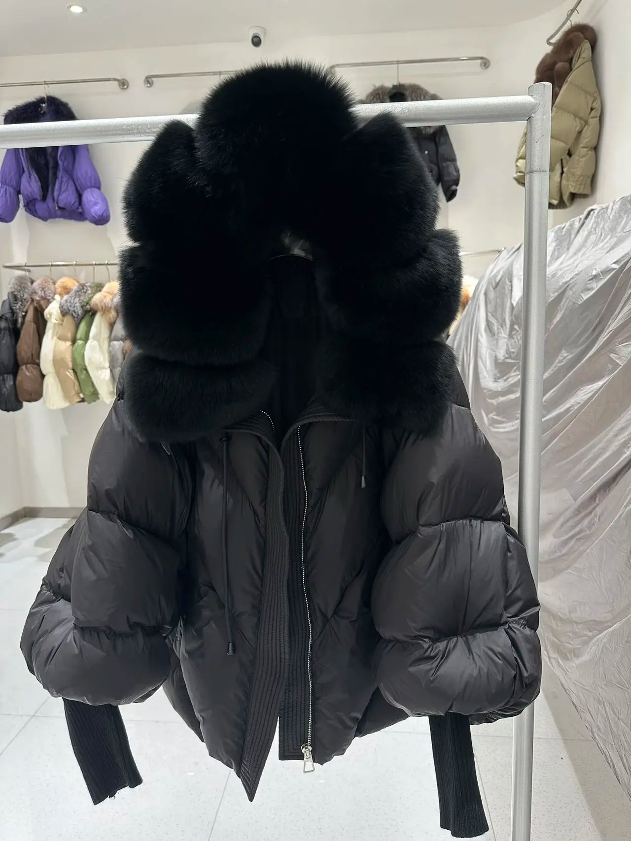 OFTBUY 2025 New Winter Large Real Fur Hooded Puffer Jacket Women Thicken Warm Knitted Sleeve Coat White Duck Down Mid Long Parka