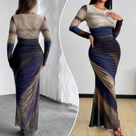 Women's New High Waist Dress Fashion Printed Waist Pleated Design Round Neck Long Sleeves Autumn Dating  Fashion Party Dress