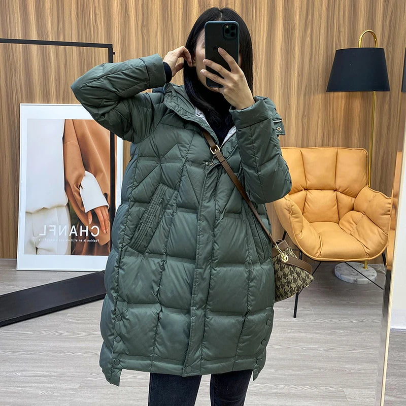 Winter Long 90% White Duck Down Jacket Women Hooded Zipper Puffer Coat Casual Warm Loose Puffer Feather Parka