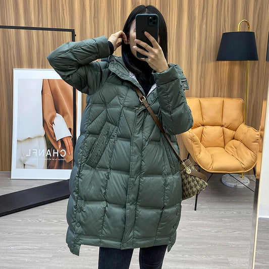 Winter Long 90% White Duck Down Jacket Women Hooded Zipper Puffer Coat Casual Warm Loose Puffer Feather Parka