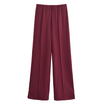 TRAFZA Women New Fashion Slimming 2-Piece Set Double-Sided Fabric O-Neck Long-Sleeve Top+Elegant Stretch Long Pants Female Suit