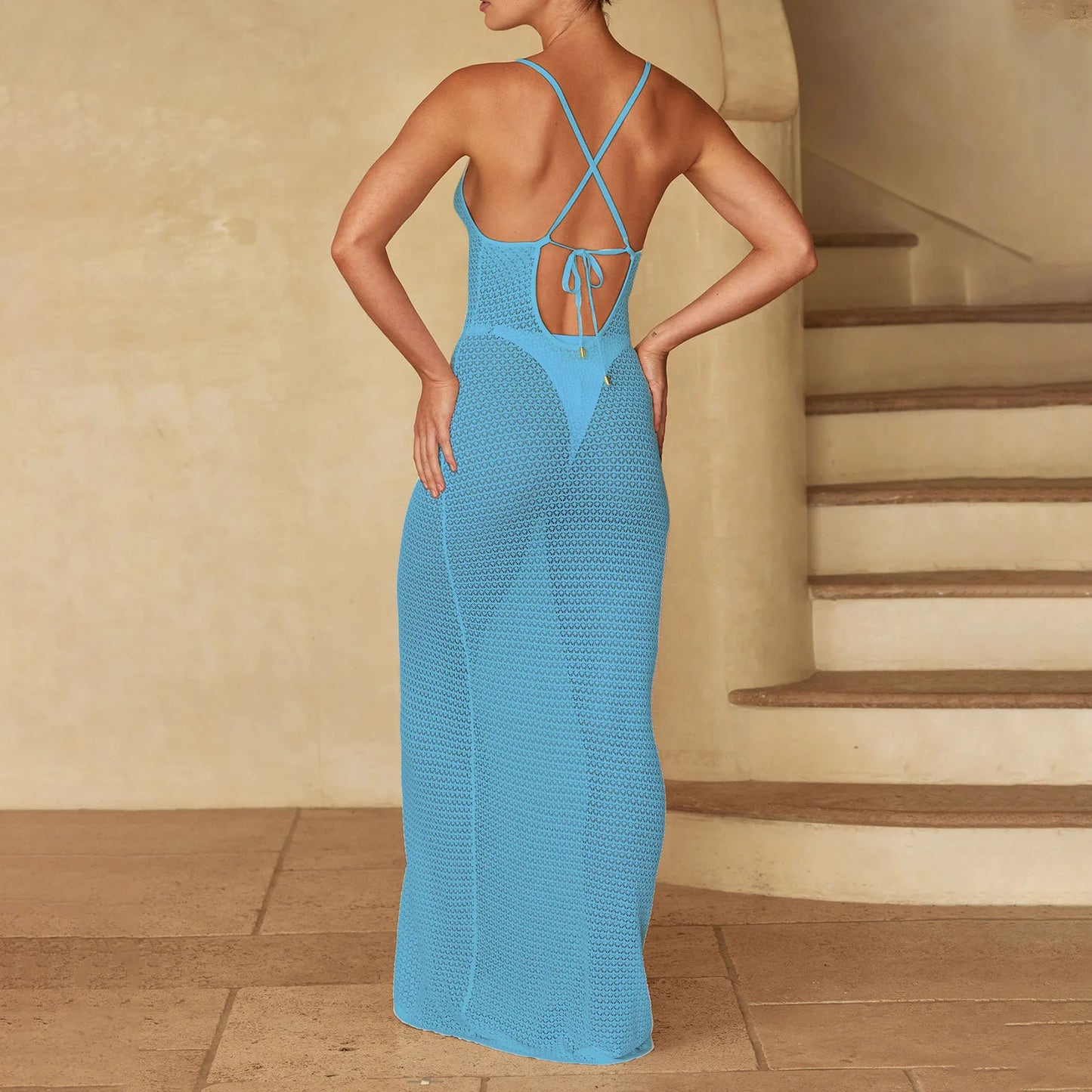 Yiiciovy Knitted Swimsuit Cover Ups Women Crochet Long Beach Dress Deep V-neck Backless Lace Cross Cut-out Swimwear Dress