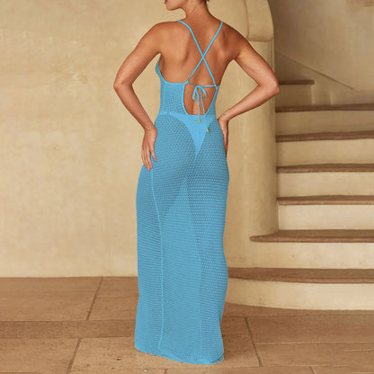 Yiiciovy Knitted Swimsuit Cover Ups Women Crochet Long Beach Dress Deep V-neck Backless Lace Cross Cut-out Swimwear Dress