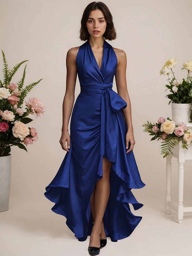 Elegant Satin Halter V-Neck Dress for Women's Ruffle Irregular Hem Lace-up Sexy Sleeveless Party Evening Wedding Guest Dress