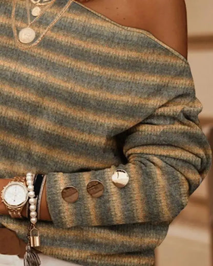 Women's Sweater Spring Autumn New Striped Pattern Skew Neck Button Decor Sweater Casual Drop Shoulder Waffle Knit Top