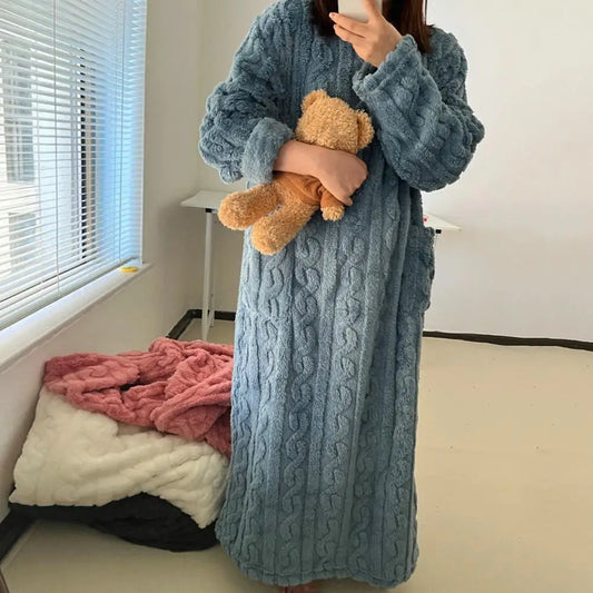 Women Solid Color Nightgown Loose Robe for Warmth Cozy Coral Fleece Winter Nightgown for Women with Pockets Long for Keeping