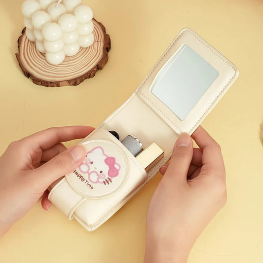 Hello Kitty Fashion Portable Makeup Mirror with Cosmetic Bag Lightweight Travel Touch-up Kit Protective Case Storage Best Gift