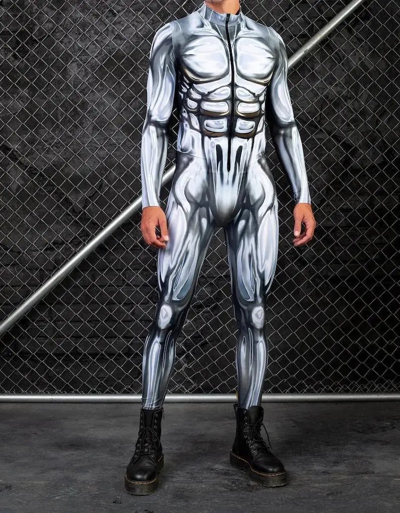 Mechanical Skeleton Bone Cosplay Bodysuit Halloween Scary Skull Graphic Long Sleeve Jumspuit Gothic Party Costume Tights Zentai