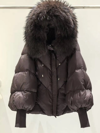 OFTBUY 2025 New Winter Large Real Fur Hooded Puffer Jacket Women Thicken Warm Knitted Sleeve Coat White Duck Down Mid Long Parka