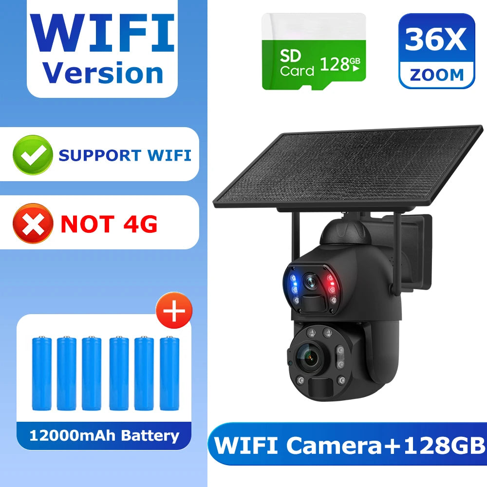 SHIWOJIA 4K 8MP 36X Zoom 4G Solar Camera Dual Lens Dual Screen Human Detect Auto Tracking Outdoor 10W Solar Panel WIFI CCTV