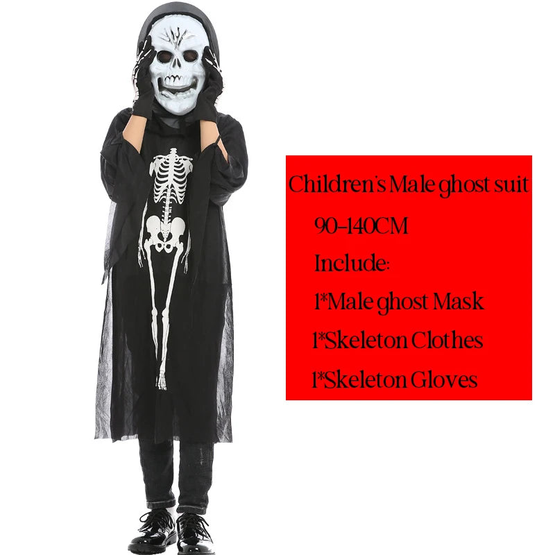 Halloween Scary Skeleton Ghost Cosplay Costume Masks Gloves Costume Suit Masquerade Carnival Horror Clothes for Adults Kids