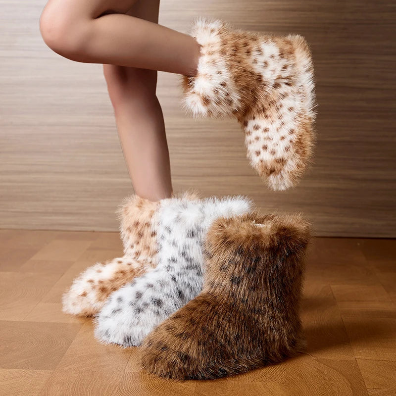 Leopard Winter Ankle Boots Female Fluffy Casual Plarform Women's Shoes Plush Luxury Design Indoor Outdoor Fuzzy Fur Snow Booties