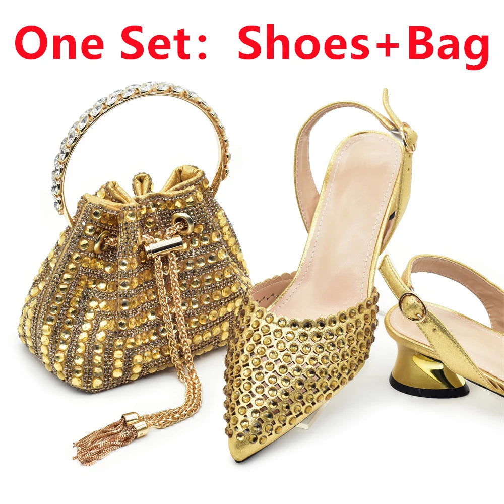 New Fashion Gold Color Shoes and Bags To Match Set Nigeria Party Women's Wedding Bag and Shoe Set Decorated with Rhinestone