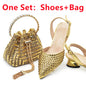 New Fashion Gold Color Shoes and Bags To Match Set Nigeria Party Women's Wedding Bag and Shoe Set Decorated with Rhinestone
