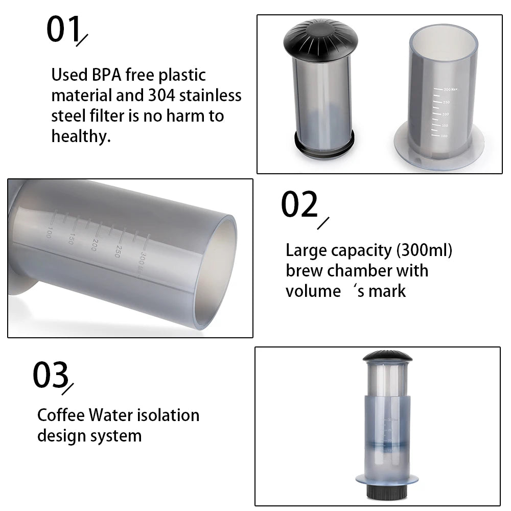 300ml AeroPress Machine Espresso Coffee Maker Portable Cafe French Press Coffee Pot With Filter Paper Kit Bar Set with Grinder