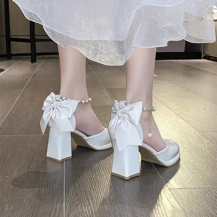 Ladies High Heels Elegant Bow Square Toe Black Fashion Women's Pumps Thick Heel Wedding Party Pearl Lace Wedding Shoes for Women