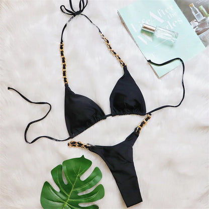 Metal Ring Halter Scrunch Butt Thong Bikini Women Swimwear Female Swimsuit Two-pieces Bikini set Bather Bathing Suit Swim V4391