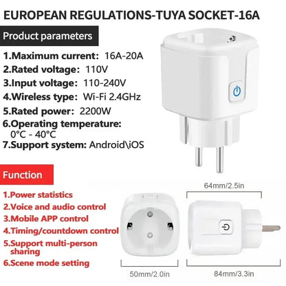 Smart Socket EU 16A/20A Wifi Smart Plug With Power Monitoring Timing Function Tuya APP Remote Control Support Alexa Google Home