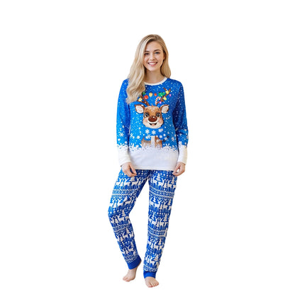 Christmas Family Pajamas Matching Set Long Sleeve Snowflake Print Top with Reindeer Print Bottoms Sleepwear Loungewear