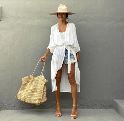 New Boho Beach Kimono Swimwear Women Cotton Holiday Summer Women's Tunic Beachwear Outfits Solid Oversize Cover-Ups