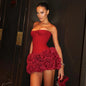 Stereoscopic Flowers Back Laceing Strapless Red Bandage Mini Evening Dress Sweet Woman Birthday Party Dress Performance costume