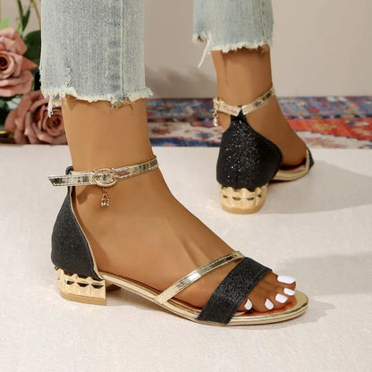 Summer Plus Size Women's Modern Cover Heel Sandals Fashion Ankle Buckle Strap Shoes Bling Crystal Low Heel Dress Sandals