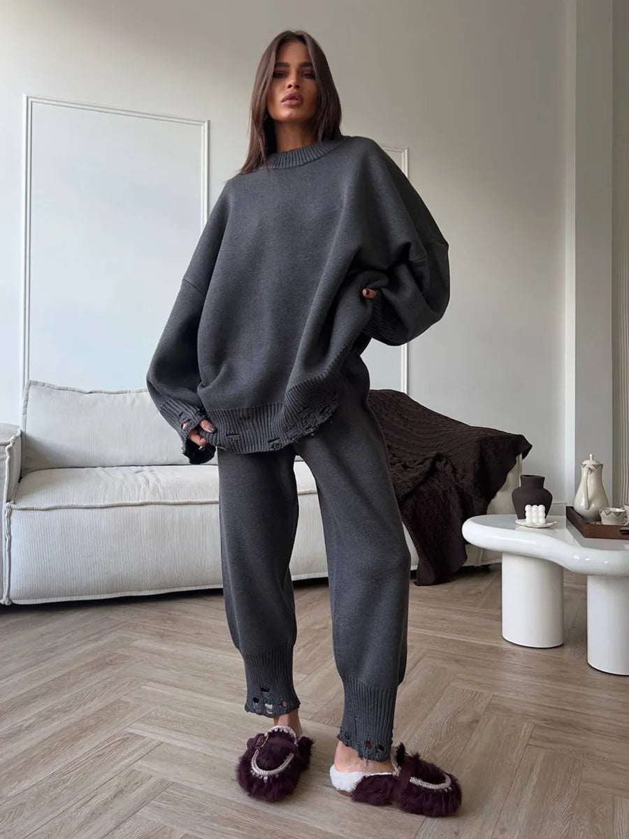 Bornladies Autumn Winter Women's New Turtleneck Knit Sweater Skinny Knit Pants Set Soft Oversized Ripped Hem Fashion Pullover