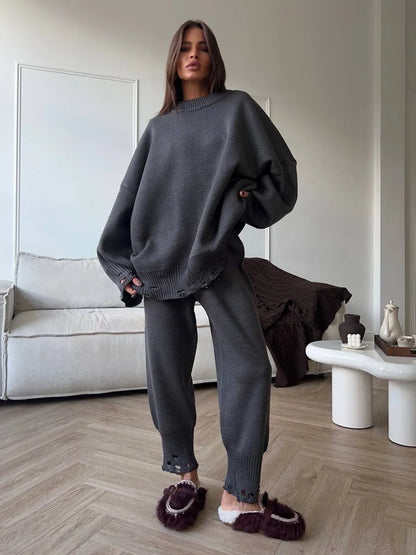 Bornladies Autumn Winter Women's New Turtleneck Knit Sweater Skinny Knit Pants Set Soft Oversized Ripped Hem Fashion Pullover