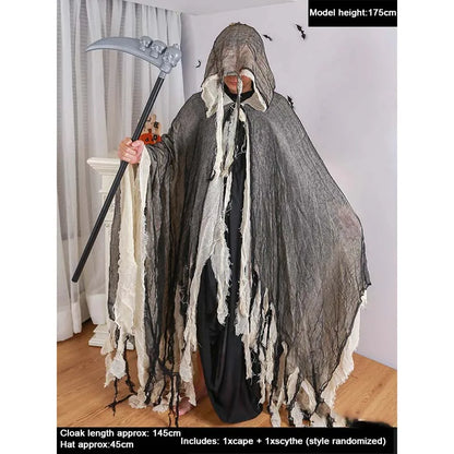 Halloween Hooded Cloak Medieval Renaissance Gothic Wizard Cape Grim Reaper Cosplay Costume for Adult Scythe Weapon Prop