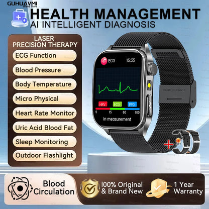 2025 New Mcro Phsical Examination 650nm Laser Therapy ECG Urci Acid Blood Fat Smart Watch Men Blood Pressure Heart Rate Bracelet