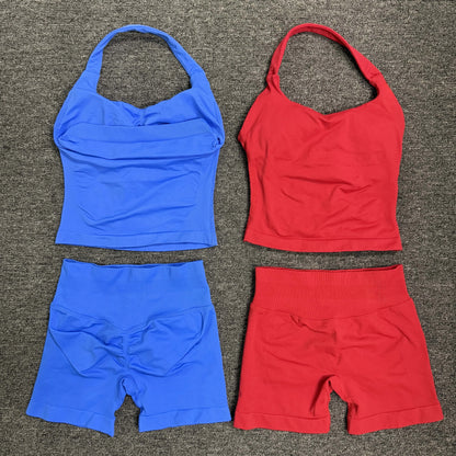 Yoga Gym Set Halter Top Set Yoga Leggings Shorts Set Backless Tights Bra Vest Seamless Stretch Ribbed Buttocks Lift Shorts Set
