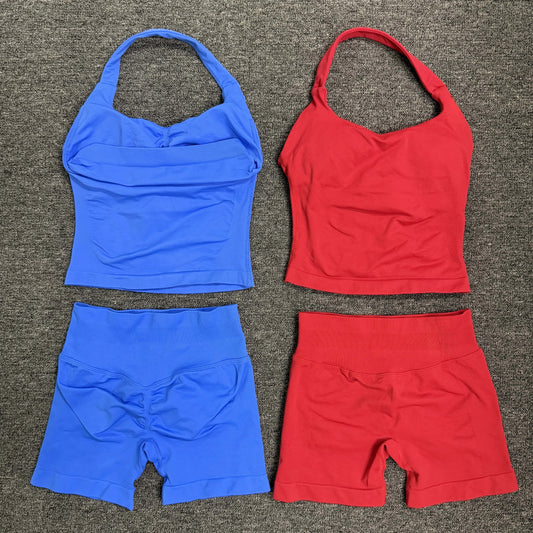 Yoga Gym Set Halter Top Set Yoga Leggings Shorts Set Backless Tights Bra Vest Seamless Stretch Ribbed Buttocks Lift Shorts Set