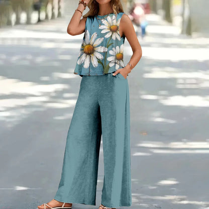 Bohemian Leaf Print Holiday Pants Set Round Neck Elegant Temperament Summer Sleeveless Top And Pants Hawaii Vacation Womenswear