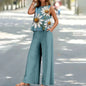 Bohemian Leaf Print Holiday Pants Set Round Neck Elegant Temperament Summer Sleeveless Top And Pants Hawaii Vacation Womenswear