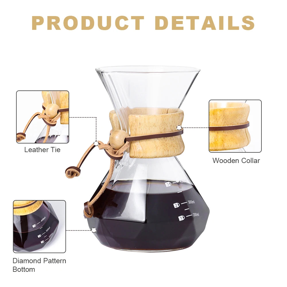 Glass Coffee Pot Drip Brewing Chemex Cafetera 400M/600ML Hand Brewed Coffee Filter Cup Pour Over Coffee Maker For Home Office